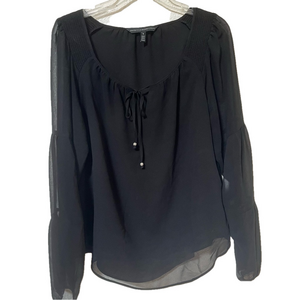 White House Black Market Top Blouse Black Long Shear Sleeve Size M Tie Neck